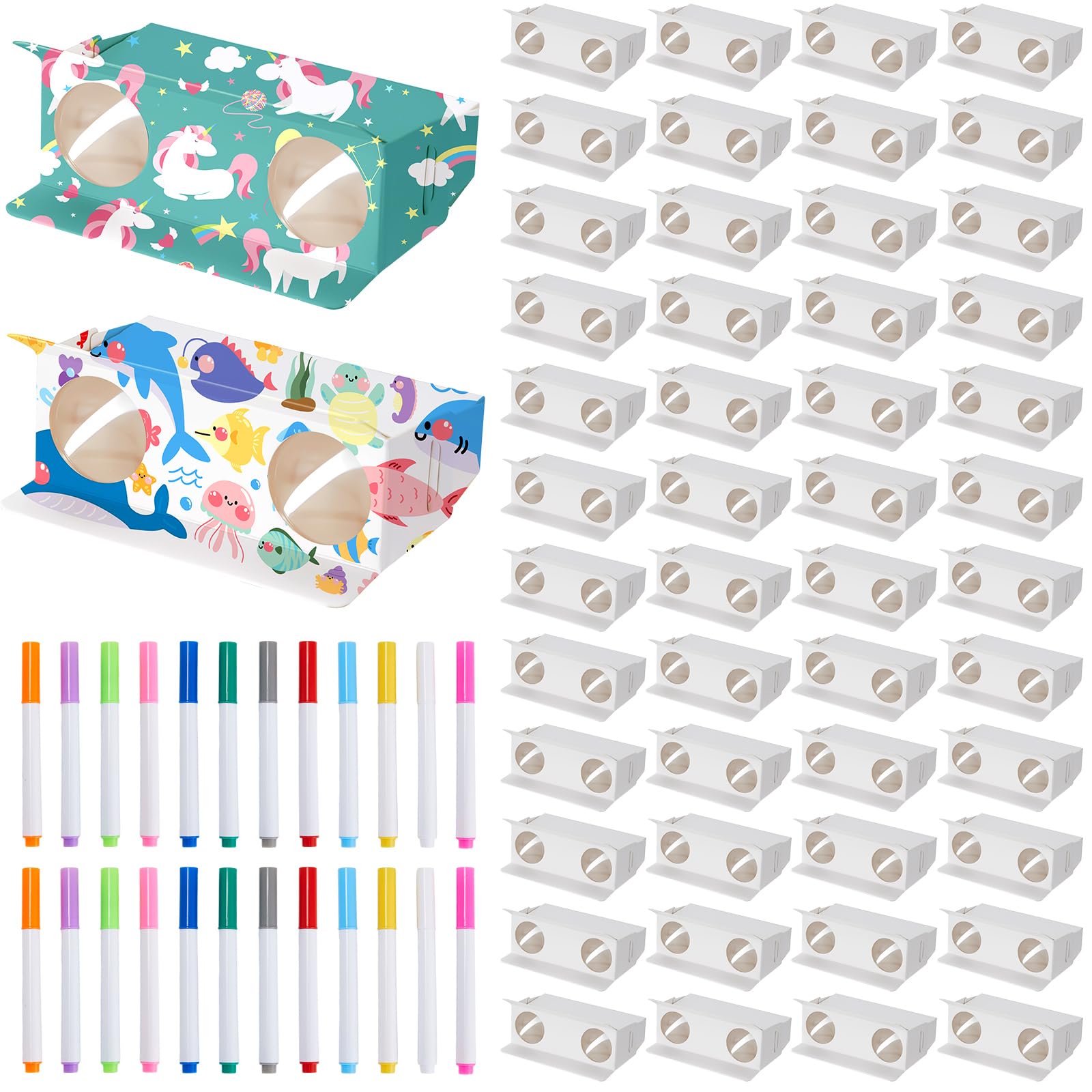 Shappy 30 Pieces Cardboard Folding Binoculars with Coloring Markers Paintable Make Your Own Paper Binocular 3x Magnification DIY