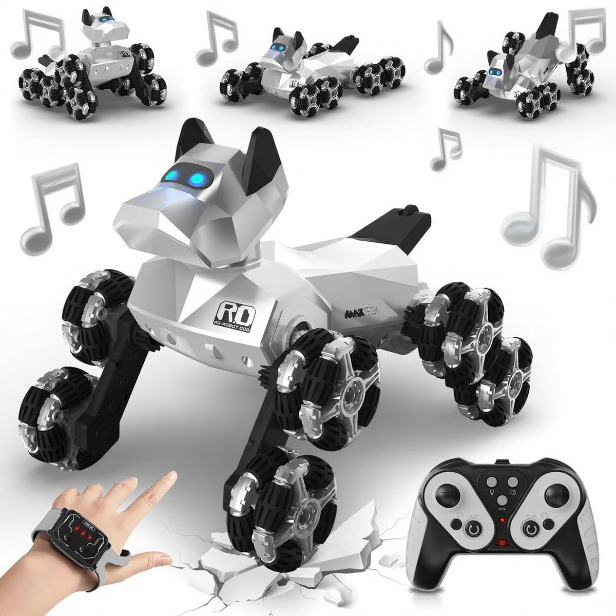 Ruxrcni Robot Dog Toy, 2.4 GHz Remote & Gesture Control, RC Stunt Cars with Music Light Eyes 2 Rechargeable Batteries, Toy for K