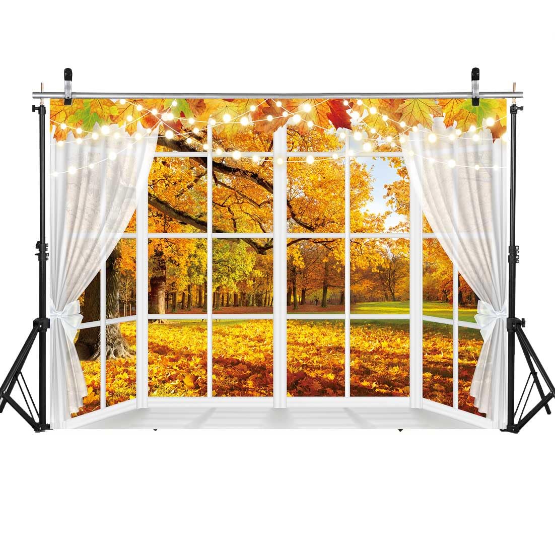 Autumn Window Photography Backdrop 8x6FT White Curtains Fall Forest Scene Background Autumn Thanksgiving Party Decorations Suppl
