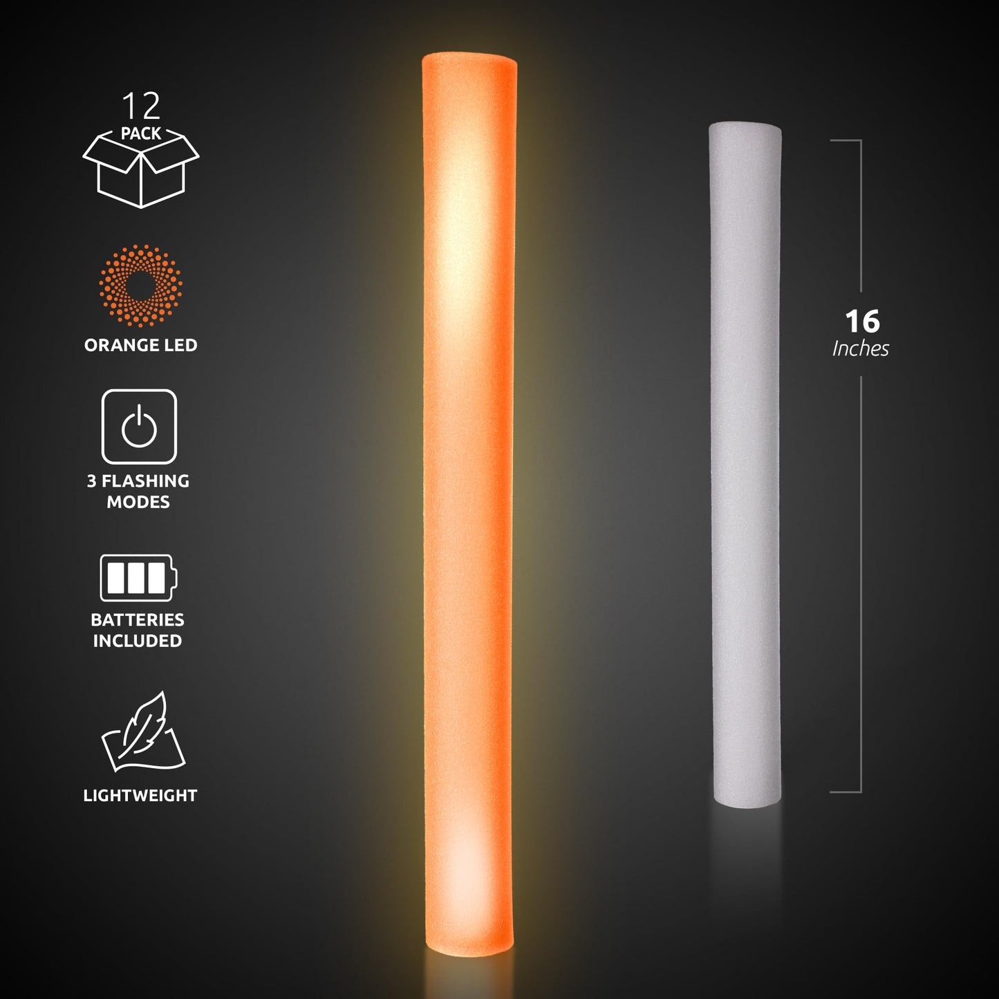 Fun Central LED Foam Sticks - 12 Pack, 16-Inch, 3 Light-Up Modes For Mardi Gras & St Patricks Day (Orange)