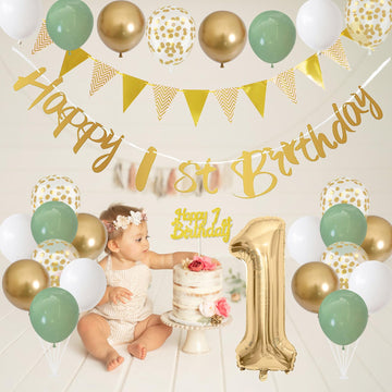 1St Birthday Decorations For Boys Girls, Sage Green White Gold Birthday Balloons With Happy 1St Birthday Banner First Birthday C