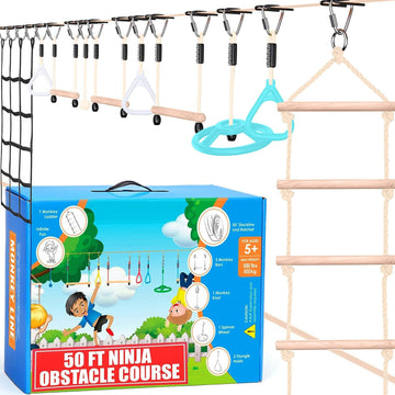 Ninja Warrior Obstacle Course For Kids, 2X50 Ft Slackline, 10 Weatherproof Obstacles, Up To 880 Lbs, Ages 5-12, Includes Ratchet-Tight Technology, Monkey Net, Climbing, Swinging, Outdoor Backyard Fun