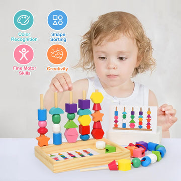 Montessori Bead Sequencing Set For Kids, Wooden Lacing Beads Toys For Toddlers, Matching Color Shape Stacker For 2 3 4 5 Years O