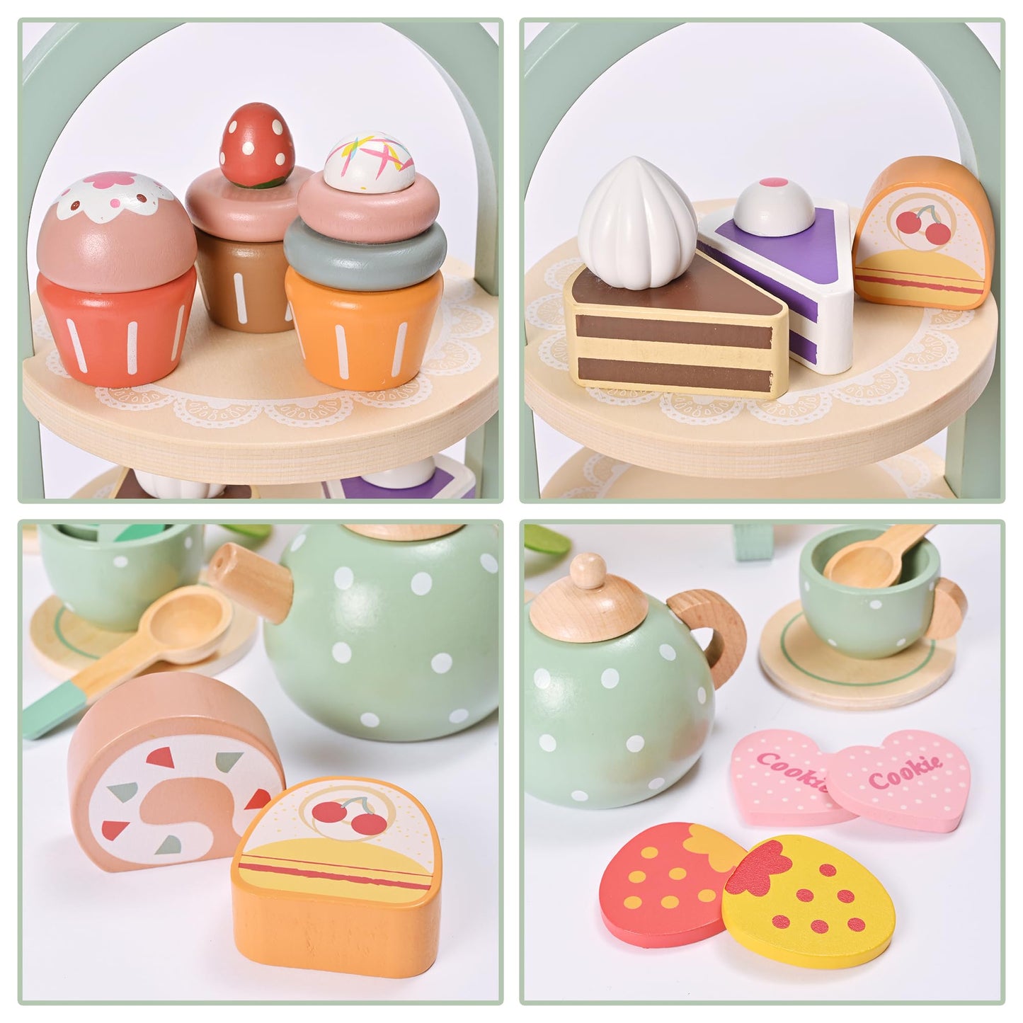 MONT PLEASANT 27pcs Wooden Tea Set for Little Girls, Toddler Tea Set Wooden Toys Play Kitchen Accessories with Cupcake Stand, Ki