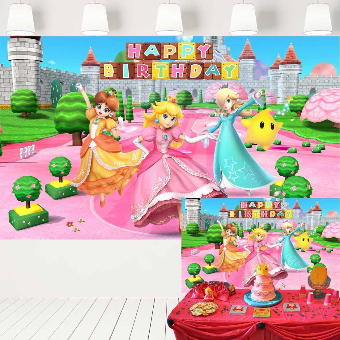 Super Mario Princess Peach Birthday Backdrop for Girls Princess Peach Castle Garden Background Daisy and Rosalina Video Game Ban