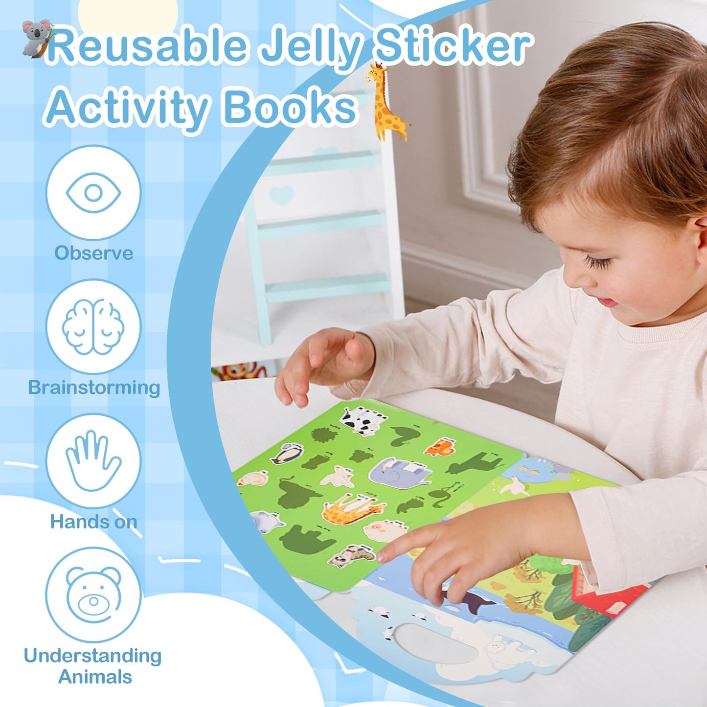 Newest Animals Sticker Book For Kids 2-4,Reusable Jelly Stciekr Activity Book For Kids,Birthday Party Gift Removable &Washable C