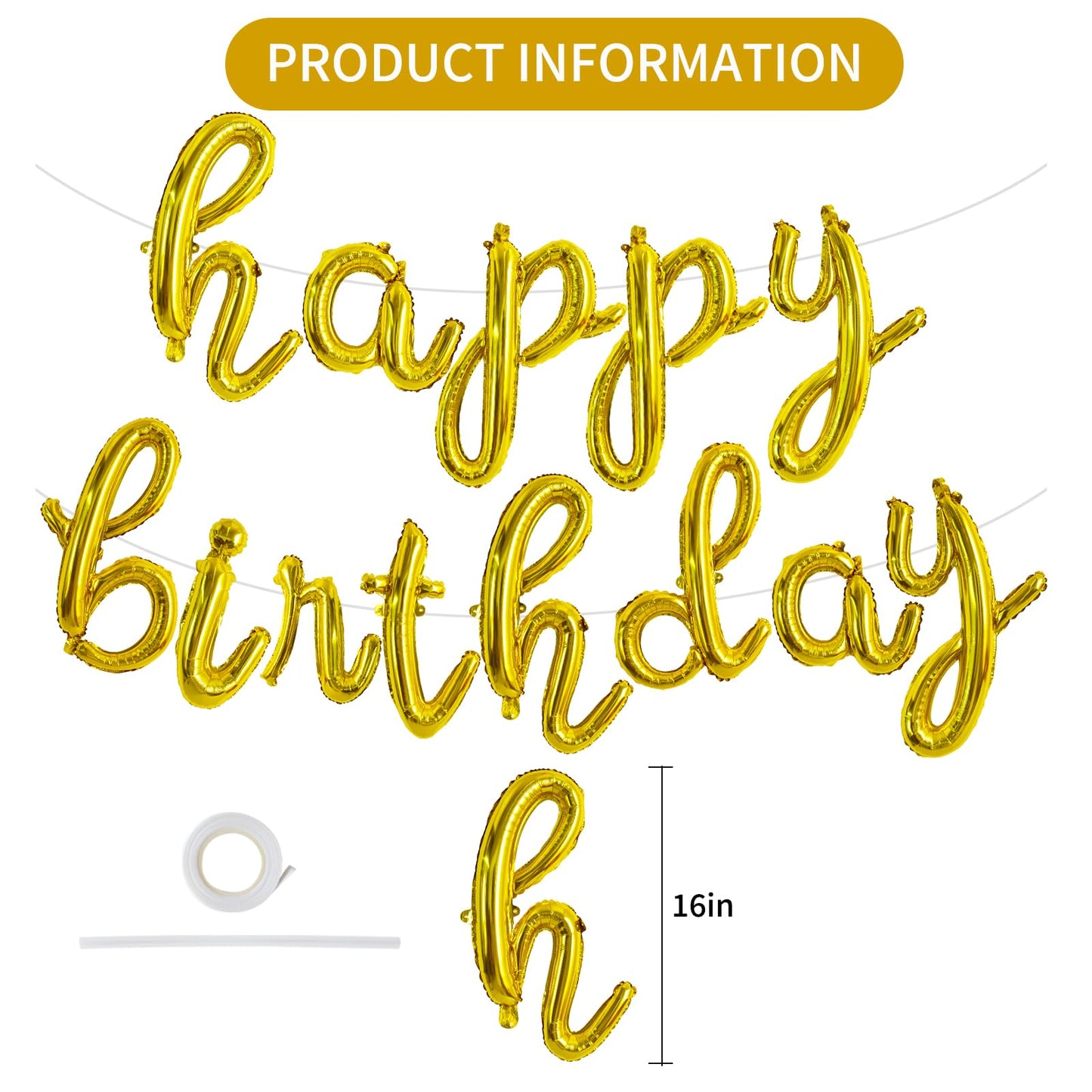 Toniful Gold Happy Birthday Balloons Banner,Cursive Happy Birthday Balloons Gold Birthday Decorations Gold Mylar Foil Birthday B