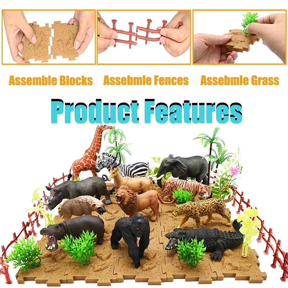 BOLZRA Safari Animals Figurines Playset, 65PCS Realistic Plastic Jungle Zoo Toys for Kids, Multi-color, Ages 3-8