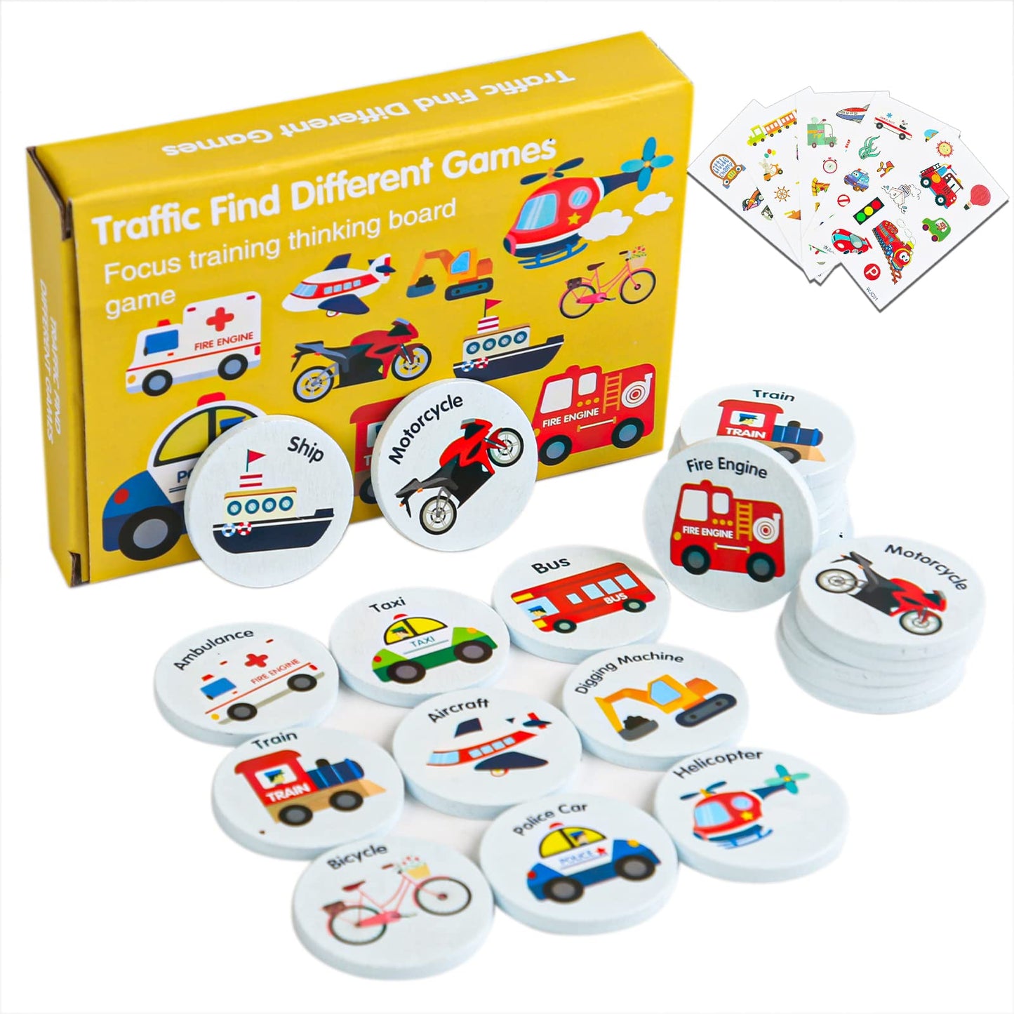 Wooden Match Memory Game For Kids, Protado 24Pc Memory Matching Cards With 5 Pc Tattoo Stickers, Educational Memory Matching Game For Pre-Kindergarten Early Learning Development Girls And Boys-Vehicle
