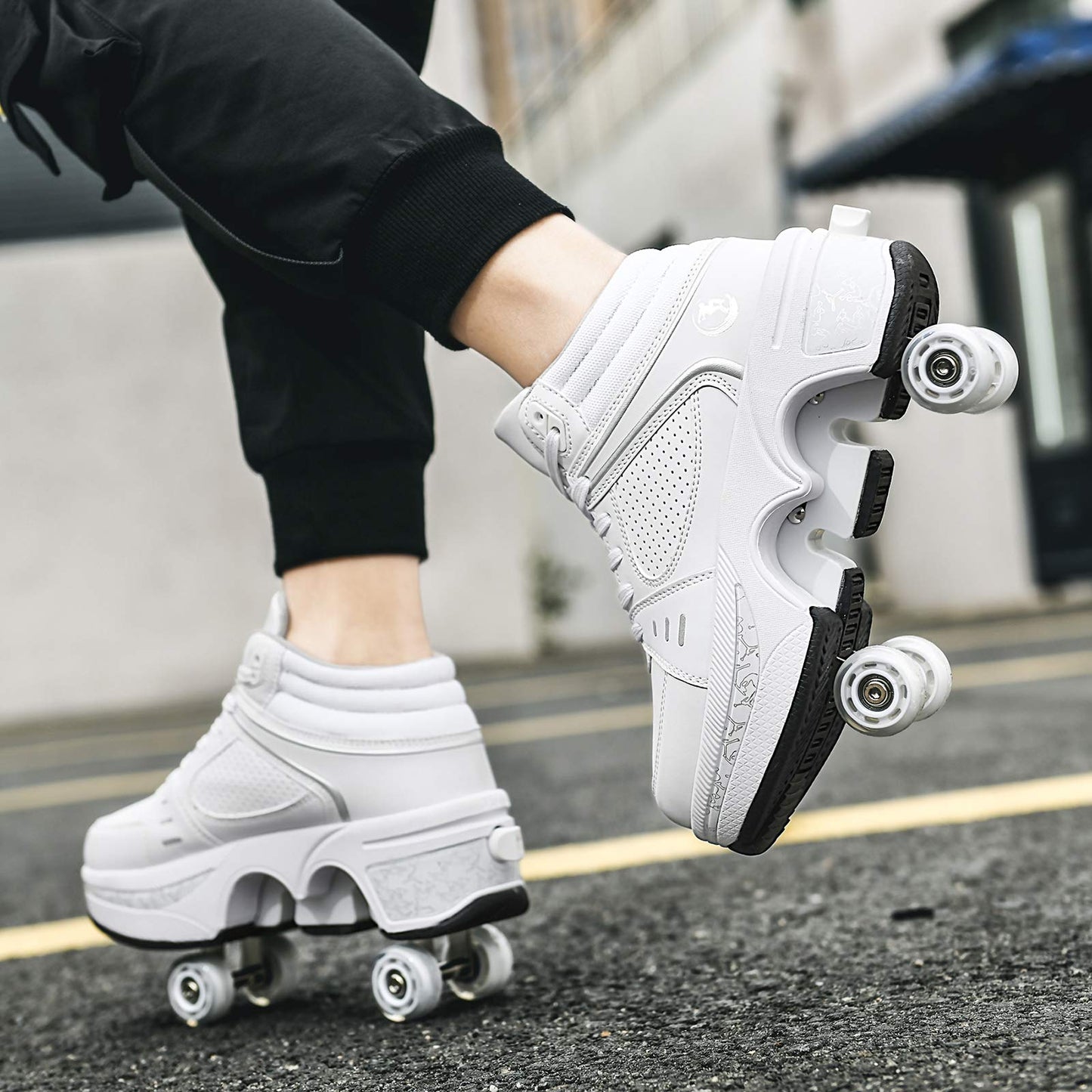 Double-Row Deform Wheel Automatic Walking Shoes Invisible Deformation Roller Skate 2 in 1 Removable Pulley Skates Skating Parkour (White high  US 6.5)