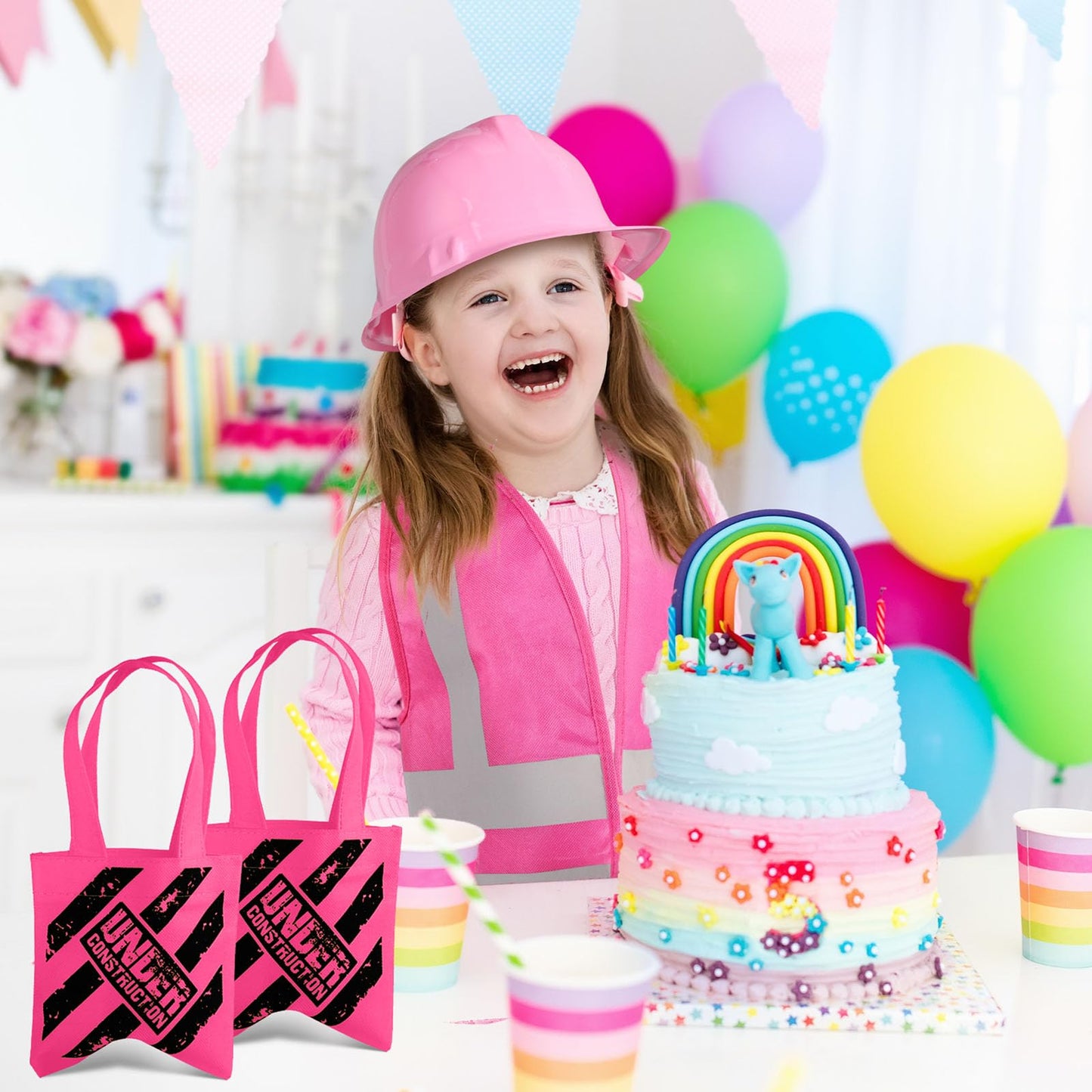 Satinior 24 Pcs Construction Dress Up Supplies Kids Costume Including Tote Bag Vest Construction Hat For Kids Age 3-8(Pink)