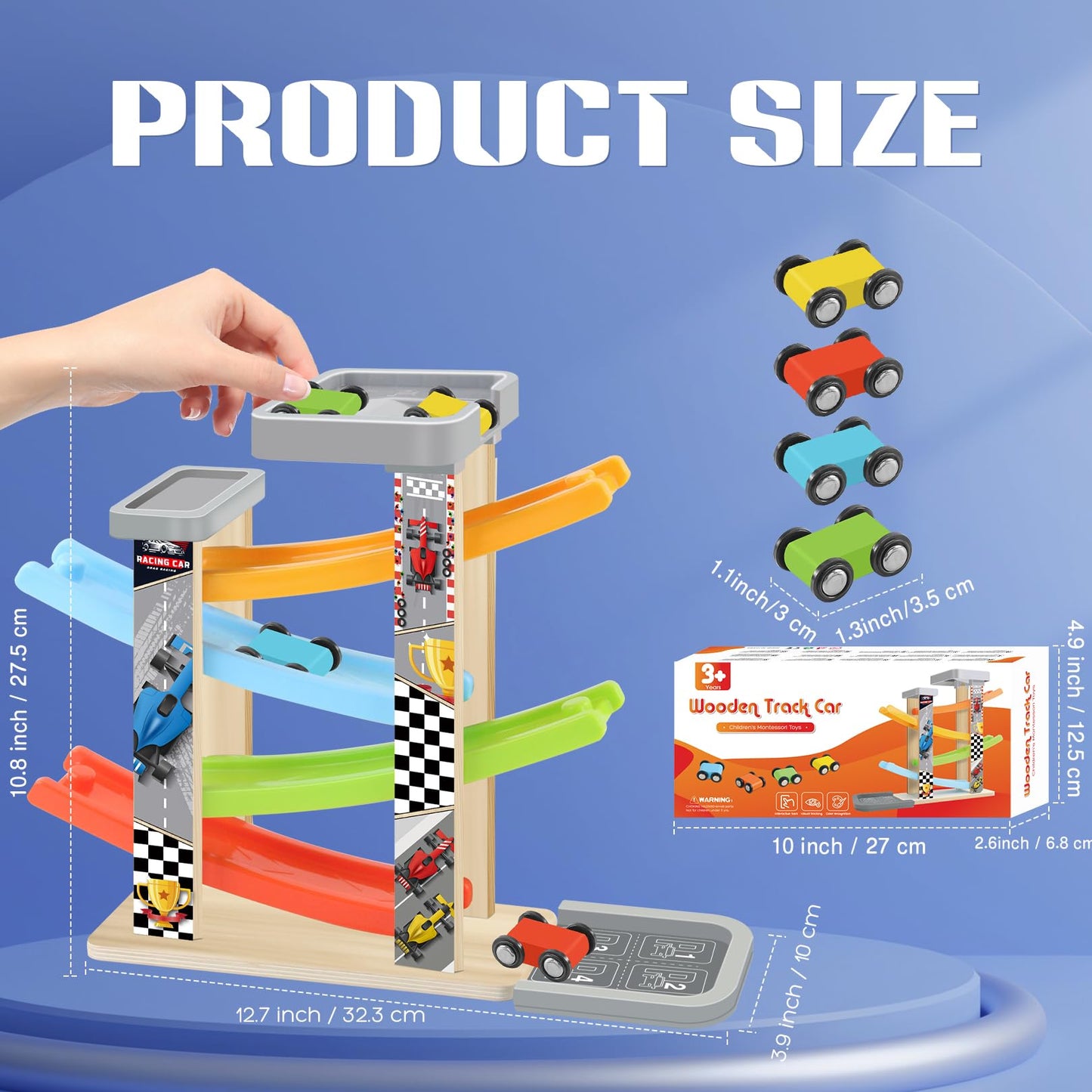 Wooden Race Track Car Ramp Toy, Montessori Car Ramp Set With 4 Mini Cars, 4 Ramps, Parking Lots - Educational Gift For Boys & Gi