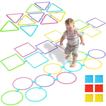 Oranmew 3 Sets Hopscotch Rings & Bean Bag Toss - 30 Pcs Indoor/Outdoor Agility Rings (Square, Triangle, Round) with 6 Beanbags -