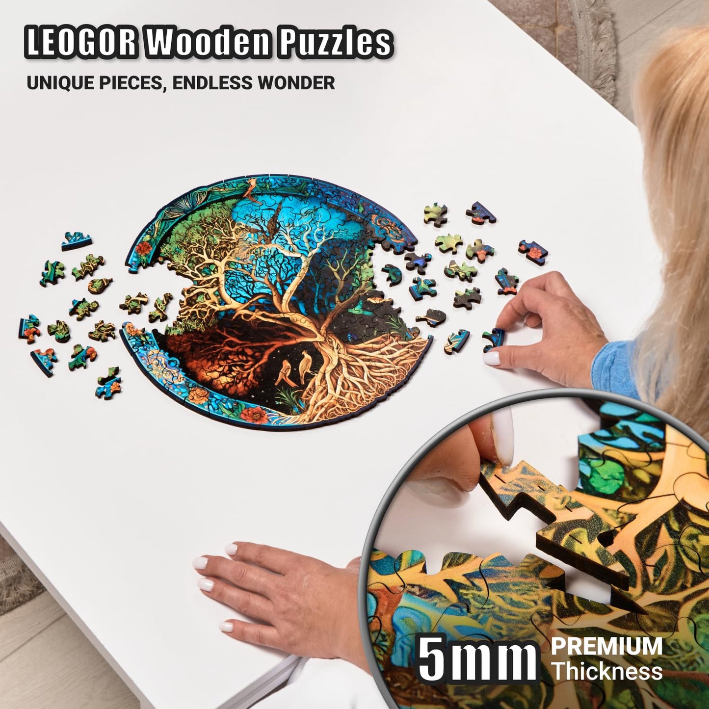 Eternal Tree of Life - 200 Piece Wooden Puzzles for mature-themeds - 11.9 x 12 in - Extra-Thick 5 mm Wood Puzzle  Hand-Shaped Pieces  Round Mosaic Design - enhanced Gift for Puzzle Lovers by LEOGOR