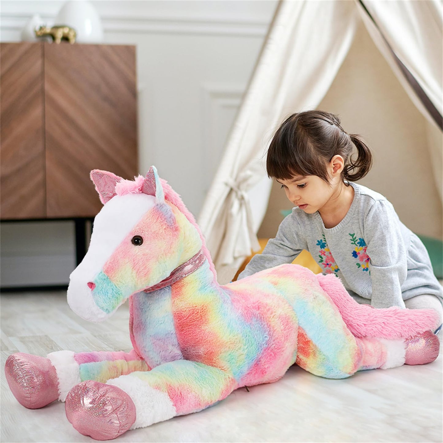 Tezituor 47 Inch Pink Tie-Dye Horse Plush Toy, Soft Stuffed Animal Pillow for Kids and Adults