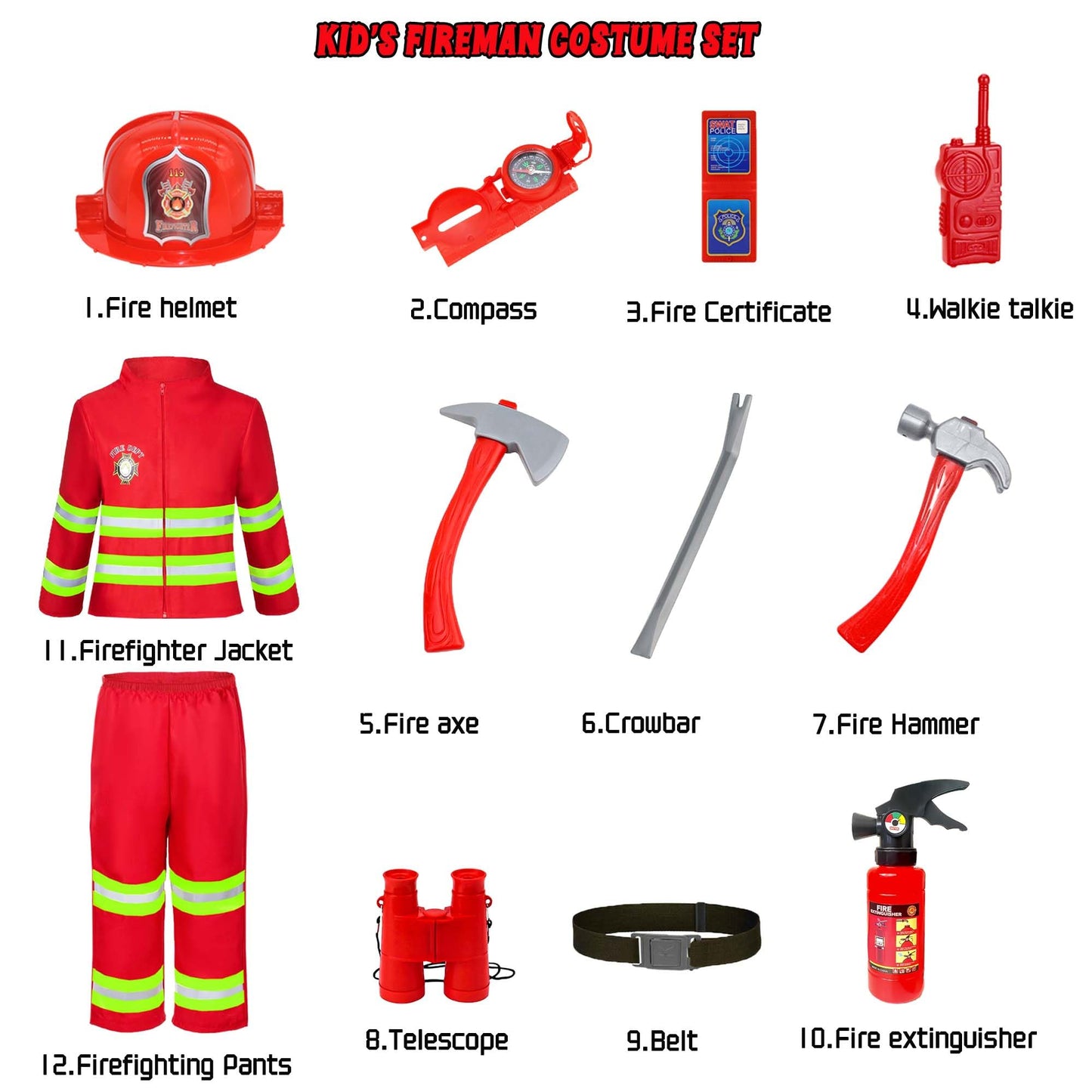 Watlie Firefighter Costume For Kids, Fireman Costume With Toy Accessories Set, Toddler Firefighter Costume For Boys And Girls, F