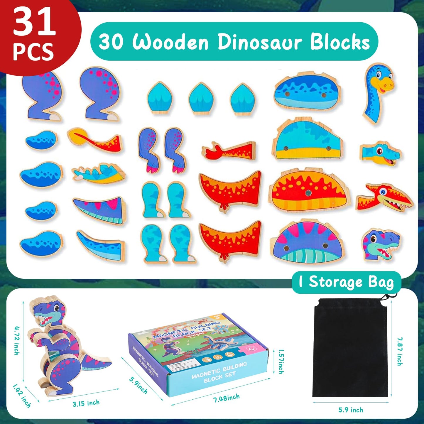 Jugueteland Magnetic Dinosaur Building Blocks, Wooden Dino Snap Blocks, Stem Take Apart Dinosaurs Playset, Montessori Fine Motor