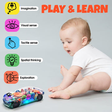 Tooty Toy Light Up Transparent Car Toy - Fun And Interactive Electric Car Toy For Kids- Music Car With Led - Colorful Moving Gears -Tummy Time Crawling Baby Light Up Toys For Boys & Girls