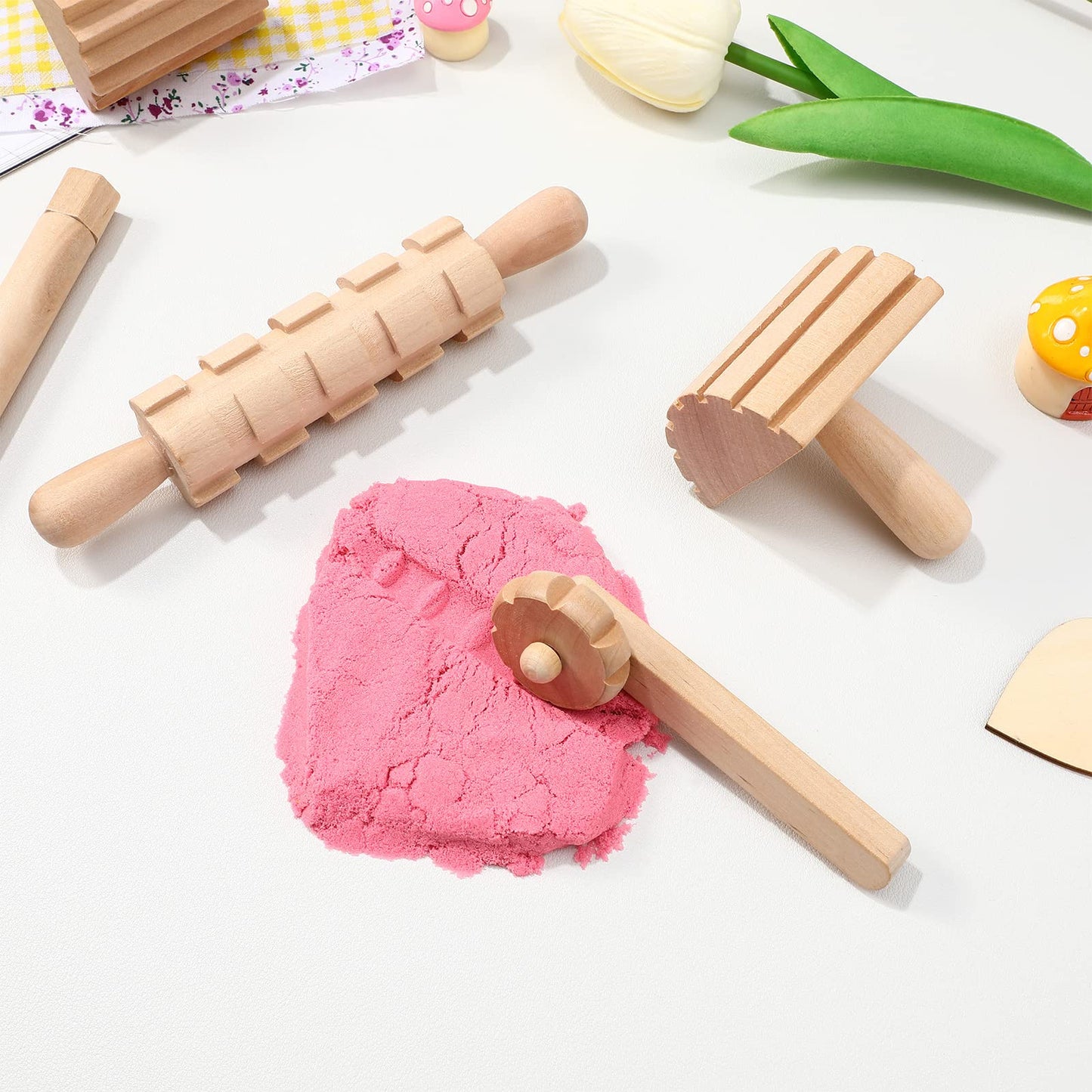 Kisangel 12pcs Wooden Dough Tools Clay Pattern Rolling Pin Set Dough Molding Shaping Tool for Toddler Kids Art Craft Activity Su