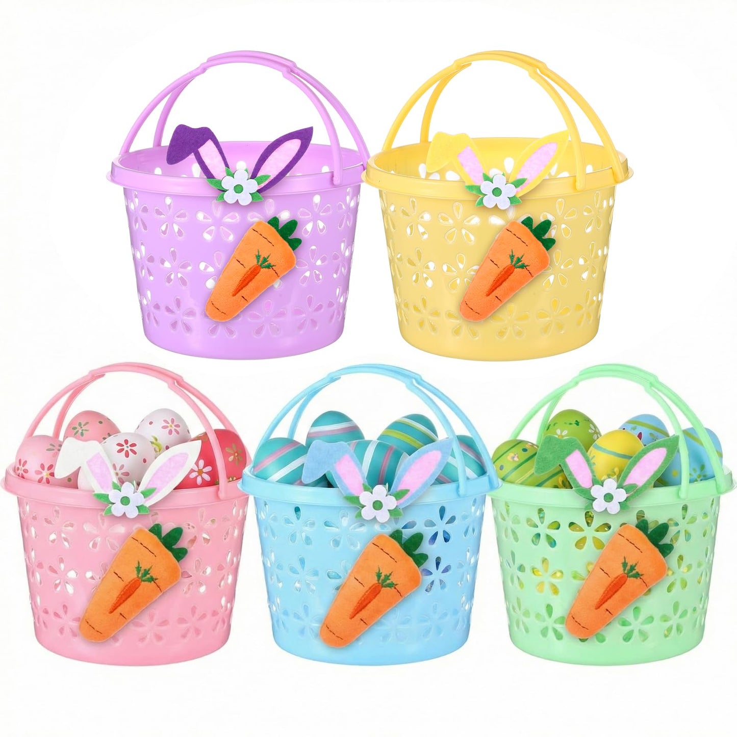 Willinglong 5 Set Easter Baskets Bulk Small Plastic Easter Egg Basket with Handle Carrots Bunny Ears 6.7 Mini Empty Pastel Fil
