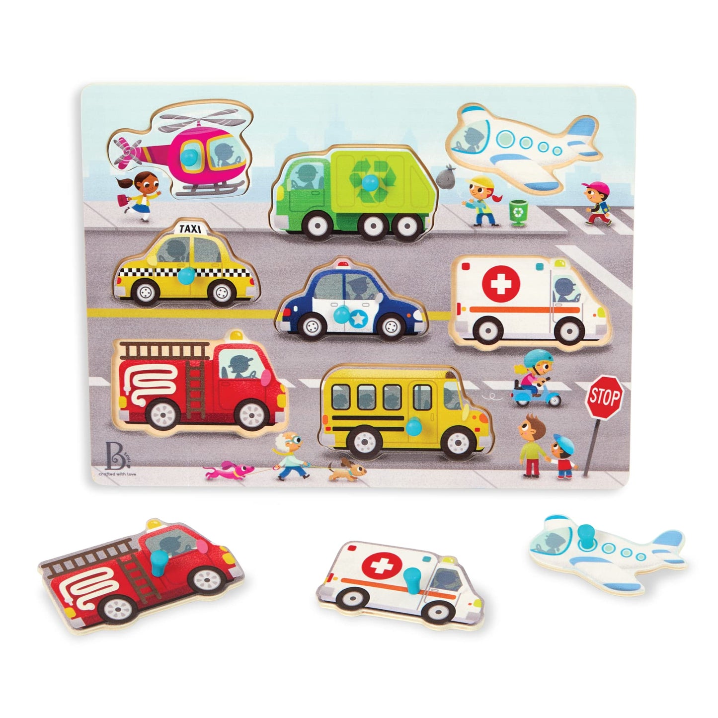 B. Toys- Peek & Explore - Vehicles- Wooden Peg Puzzle – Vehicle Puzzle For Toddlers, Kids – 8 Puzzle Pieces – Fire Truck, Airplane, Taxi & More – 2 Years +