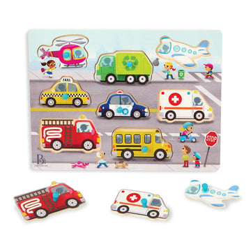 B. Toys- Peek & Explore - Vehicles- Wooden Peg Puzzle – Vehicle Puzzle For Toddlers, Kids – 8 Puzzle Pieces – Fire Truck, Airplane, Taxi & More – 2 Years +