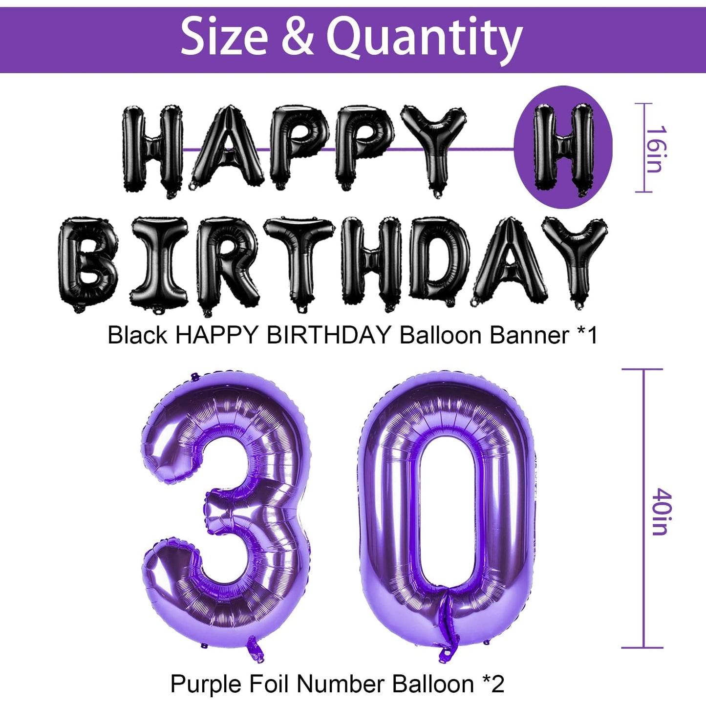 Naninuneno 30Th Birthday Decorations Set For Girl Women Boy Men,Purple Black 30 Happy Birthday Balloons Supplies With Purple Num