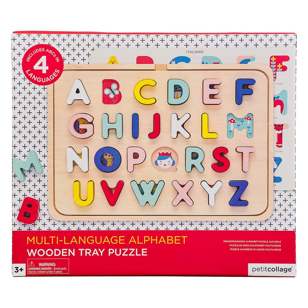 Petit Collage Multi-Language Alphabet Wooden Jigsaw Tray Puzzle – Abc Puzzle With 26 Letter Pieces And 4 Icon Sheets, Language Development Toys In English, French, Italian & German, Ideal For Ages 3+