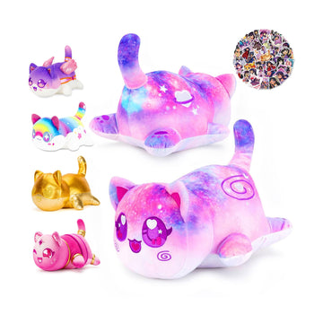 Lccoous 61-Pcs ? 6.1'' Galaxy Cat Plush+ 60Pcs Cat Stickers -Meow Cat Plush - Meow Cat Stuffed Animal Collection, Birthday Gift 