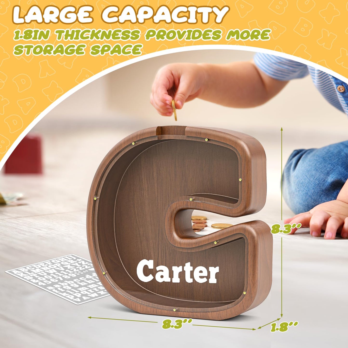 Piggy Bank for Kids Girls Boys Summidate Wooden Letter Piggy Bank for Family, Sturdy Coin Banks for Baby, Personalized Cute Init