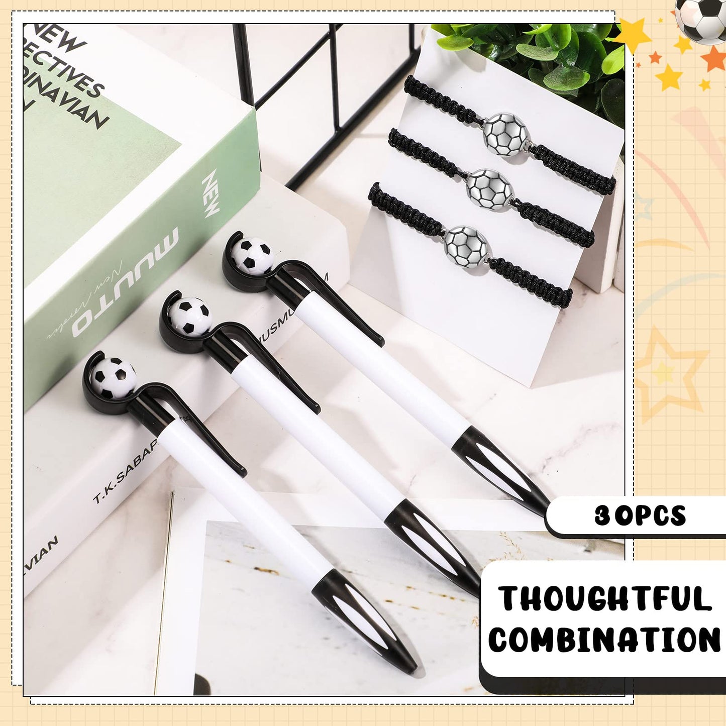 Sabary 30 Pcs Sport Theme Party Favors Set, 15 Pcs Soccer Pens 15 Pcs Soccer Theme Bracelets Ballpoint Pens Adjustable Bracelet