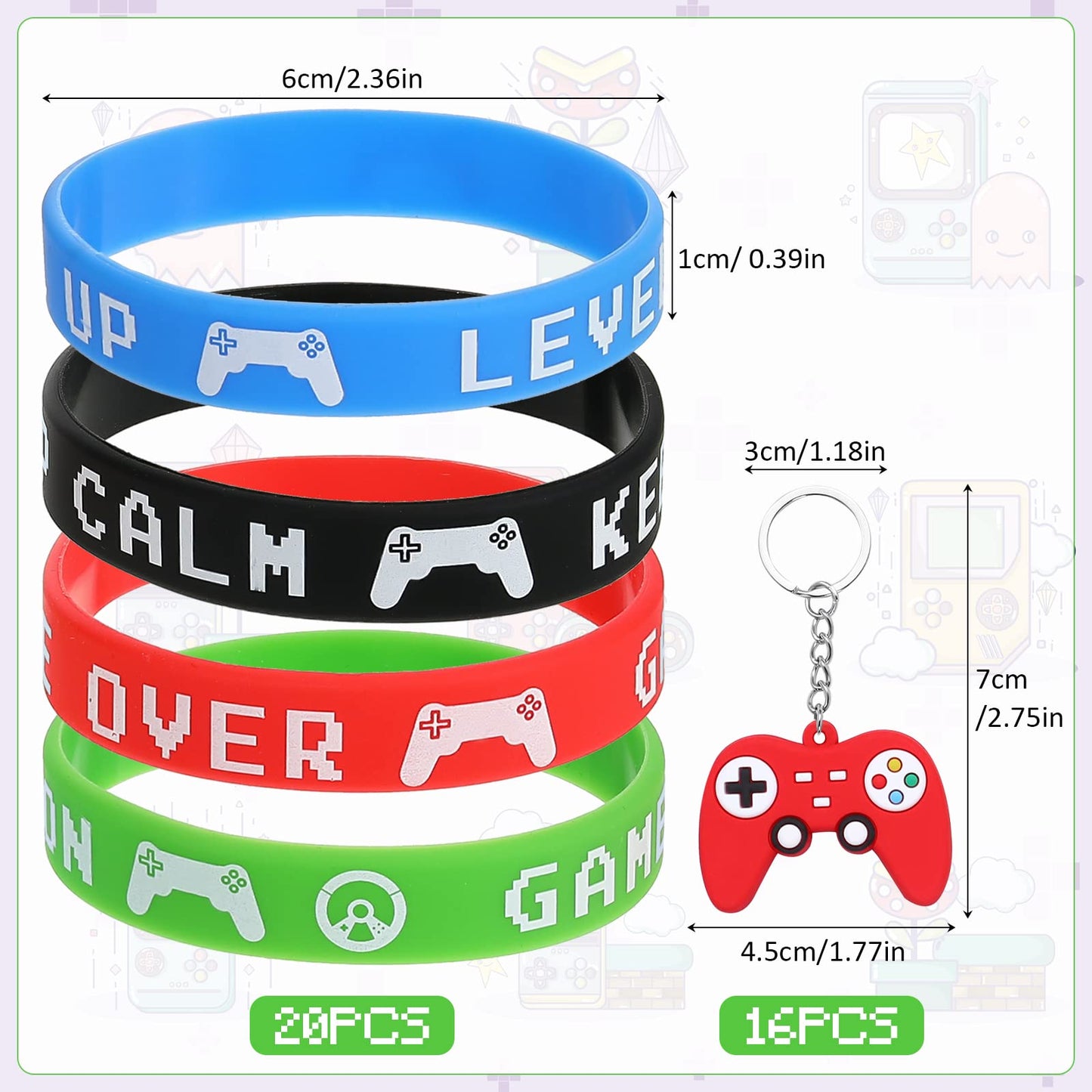 Aoriher 60 Pieces Video Game Party Favors Gifts Set Includes 20 Video Game Bracelets Wristbands 24 Stampers and 16 Handle Keycha