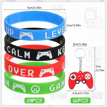 Aoriher 60 Pieces Video Game Party Favors Gifts Set Includes 20 Video Game Bracelets Wristbands 24 Stampers and 16 Handle Keycha