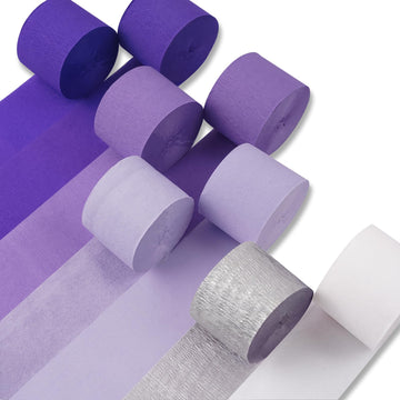 PartyWoo Purple Crepe Paper Streamers 8pcs 656ft Pack of Light Dark Purple Lavender White Silver Crepe Paper Streamers for Birth