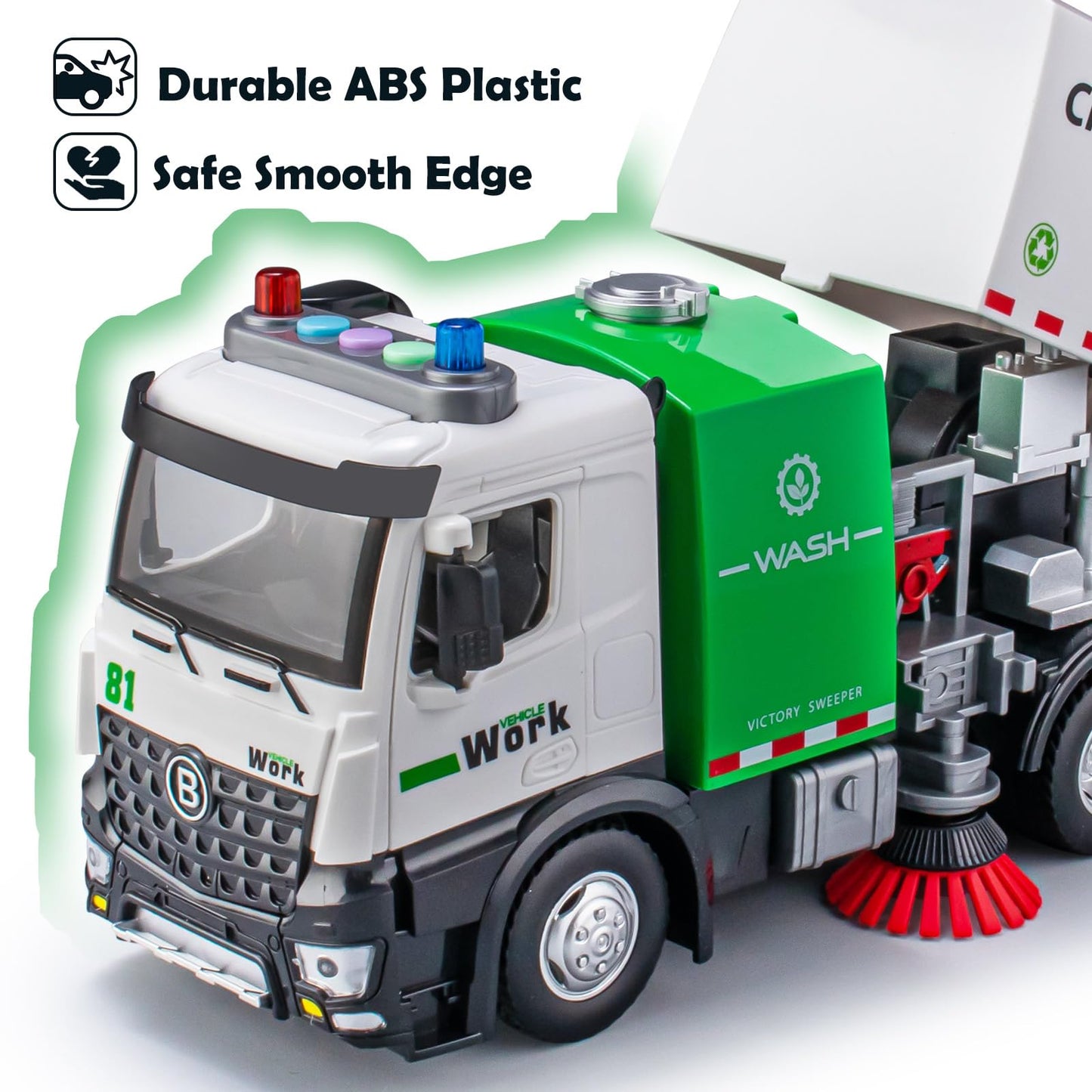 Street Sweeper Truck with Open-able Doors, 11.5'' Big Trash Truck with Lights and Sounds, Friction Powered Garbage Truck Toys Gi