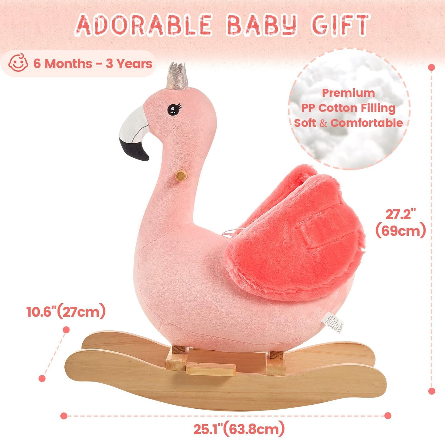 Funlio Flamingo Baby Rocking Horse For Toddlers 6 Months To 3 Years, Cute & Graceful Pink Swan Rocker For Baby Girl, Stuffed Plush Ride-On Rocking Animal, Easy To Assemble, Cpc & Ce Certified
