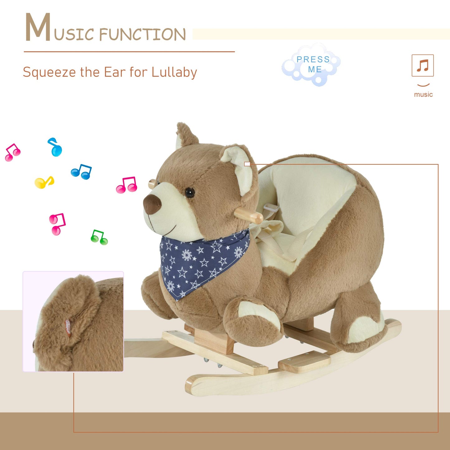 Qaba Baby Rocking Horse, Plush Animal Rocker with Lullaby, 23.5"x13.75"x19.75", Brown, Model 330-122, for Ages 18