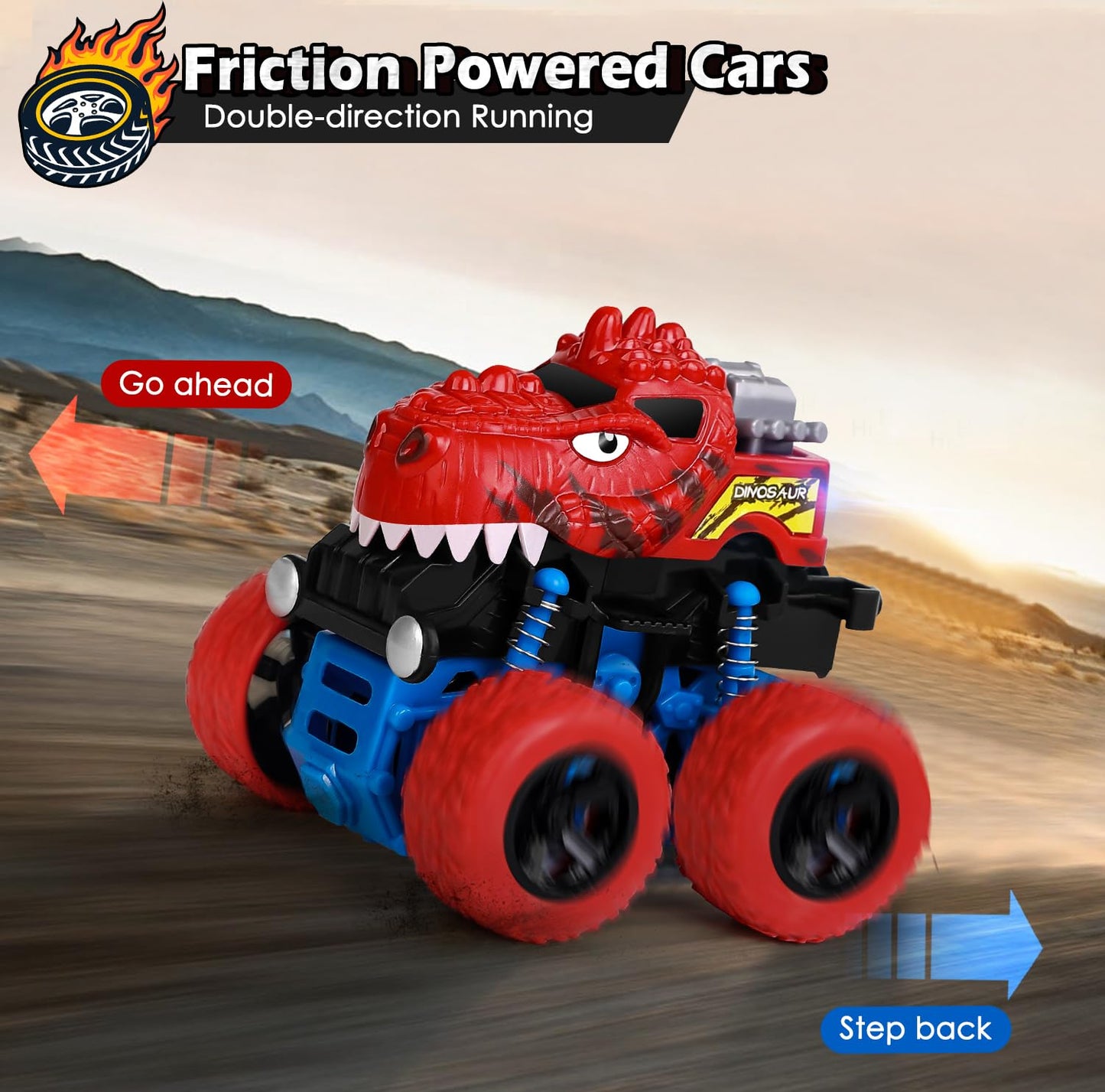 Awsogiff Dinosaur Toys For 3 4 5 Year Old Boys, 2 Pack Push & Pull Friction Powered Dinosaur Monster Truck, Dino Cars For Kids 3