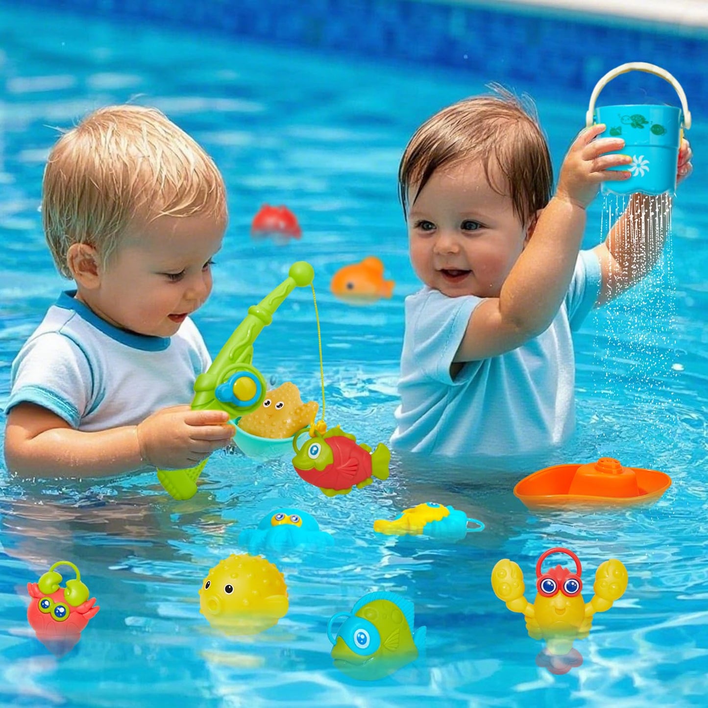 Toddler Bath Toys for Babies  26 Pcs Mold Free Bathtub Toys with Fishing Rod Floating Boats Spoons Bucket No Hole Sea Animals and Storage Bag  Water Table Pool Toys for Toddlers and Kids