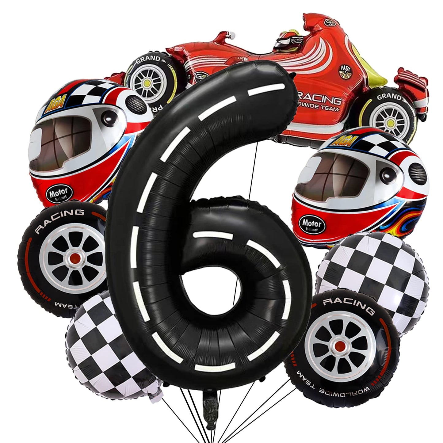Stcomart 8 Pcs Race Car Party Decorations, Black Number 6 Balloon Checkered Balloons Tire Balloons For Boys 6Th Birthday