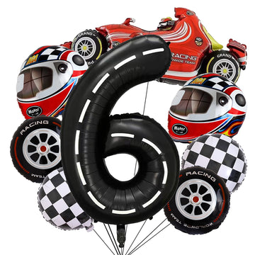 Stcomart 8 Pcs Race Car Party Decorations, Black Number 6 Balloon Checkered Balloons Tire Balloons For Boys 6Th Birthday