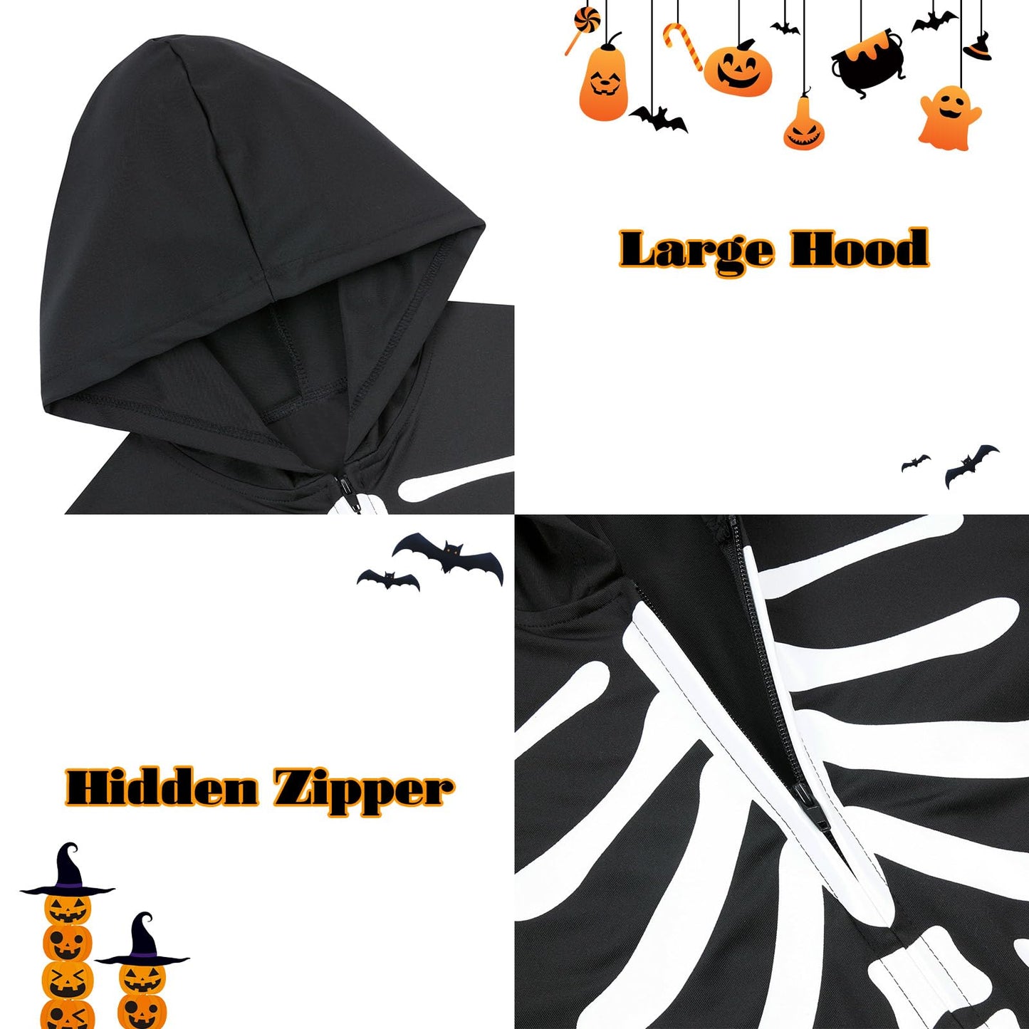 Enlifety Kids Skeleton Costume Boys Girls Glow In The Dark Halloween Jumpsuit With Hood Long Sleeve Funny Cosplay Outfit For Chi
