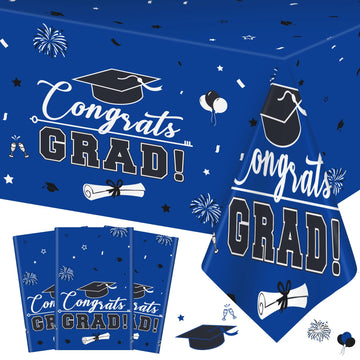 3 Pcs Graduation Tablecloth - Congrats Grad Table Cloth For Class Of 2024, Disposable Plastic Rectangle Grad Table Cover For Graduation Party Decorations 2024 And Party Supplies, 54 X 108 Inch (Blue)