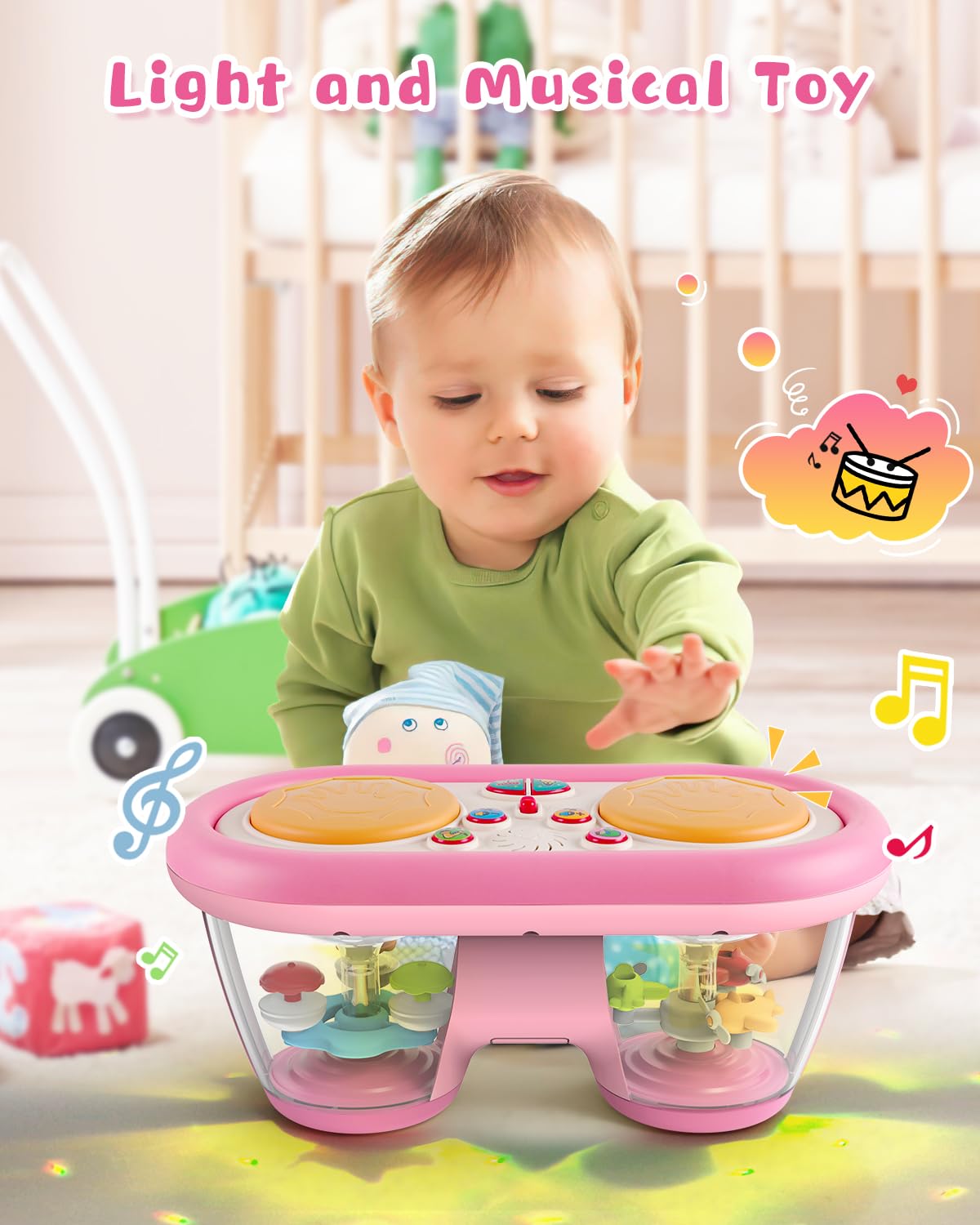 Jhoprcin Baby Toys for 6 to 12 Months: 7 Models Pink Rotating Light Up Drum Musical Instruments for 12-18 Months Kids  Tummy Time Toys for Baby 0-3-6-9 Months  Walker for Boy Girl Gifts