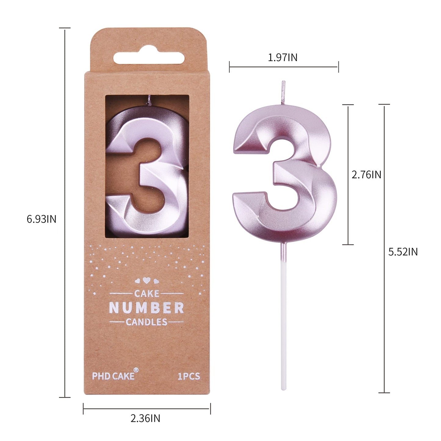 PHD CAKE 2.76 Inch Diamond Rose Gold 3 Number Birthday Candles, Rose Gold Number Candles, Cake Number Candles, Party Celebration