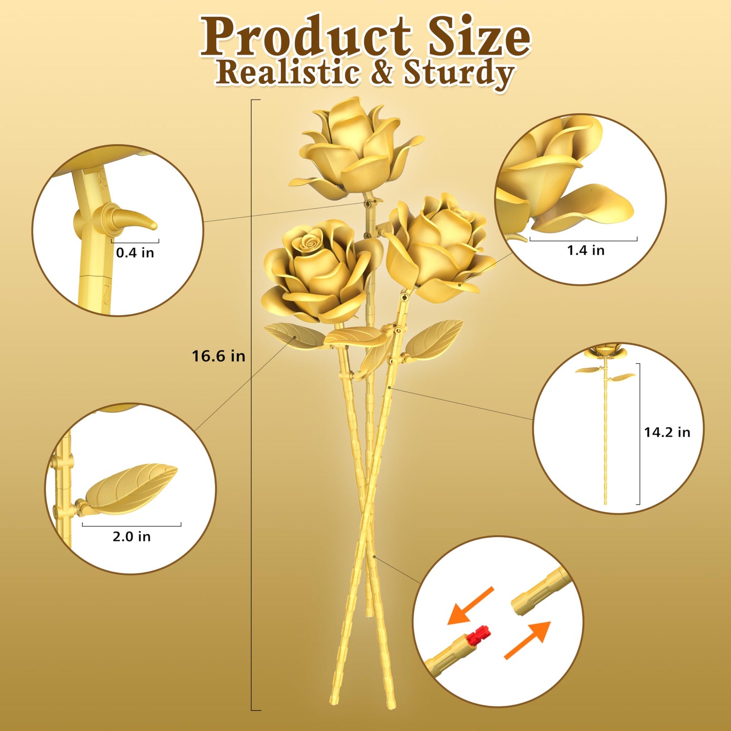 QIFUN Gold Roses Building Set - 3-Piece Bouquet, Plastic, 1 Inch, Romantic Home Decor Gift for Her, Model QF-1