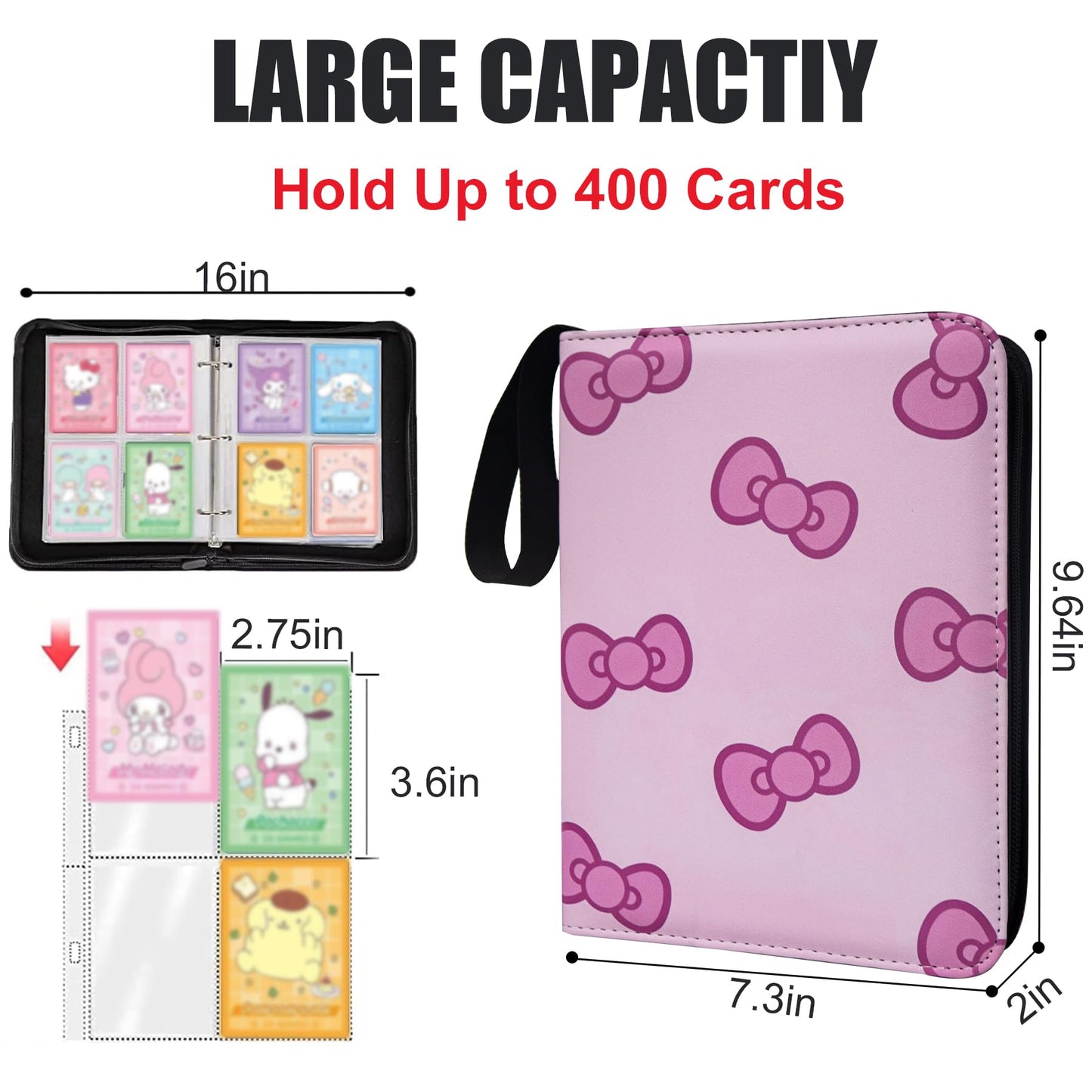 Pink Card Binder for Girls  4 Pocket with 50 Sleeves up to 400 Trading Cards Binder  Waterproof Card Storage Bag with Shoulder Strap