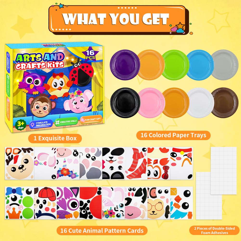 16 Pack Arts and Crafts for Kids, Toddler Crafts Animal Paper Plate Art Kit Gift for 3 4 5 6 Year Old Boys Girls DIY Kids Crafts
