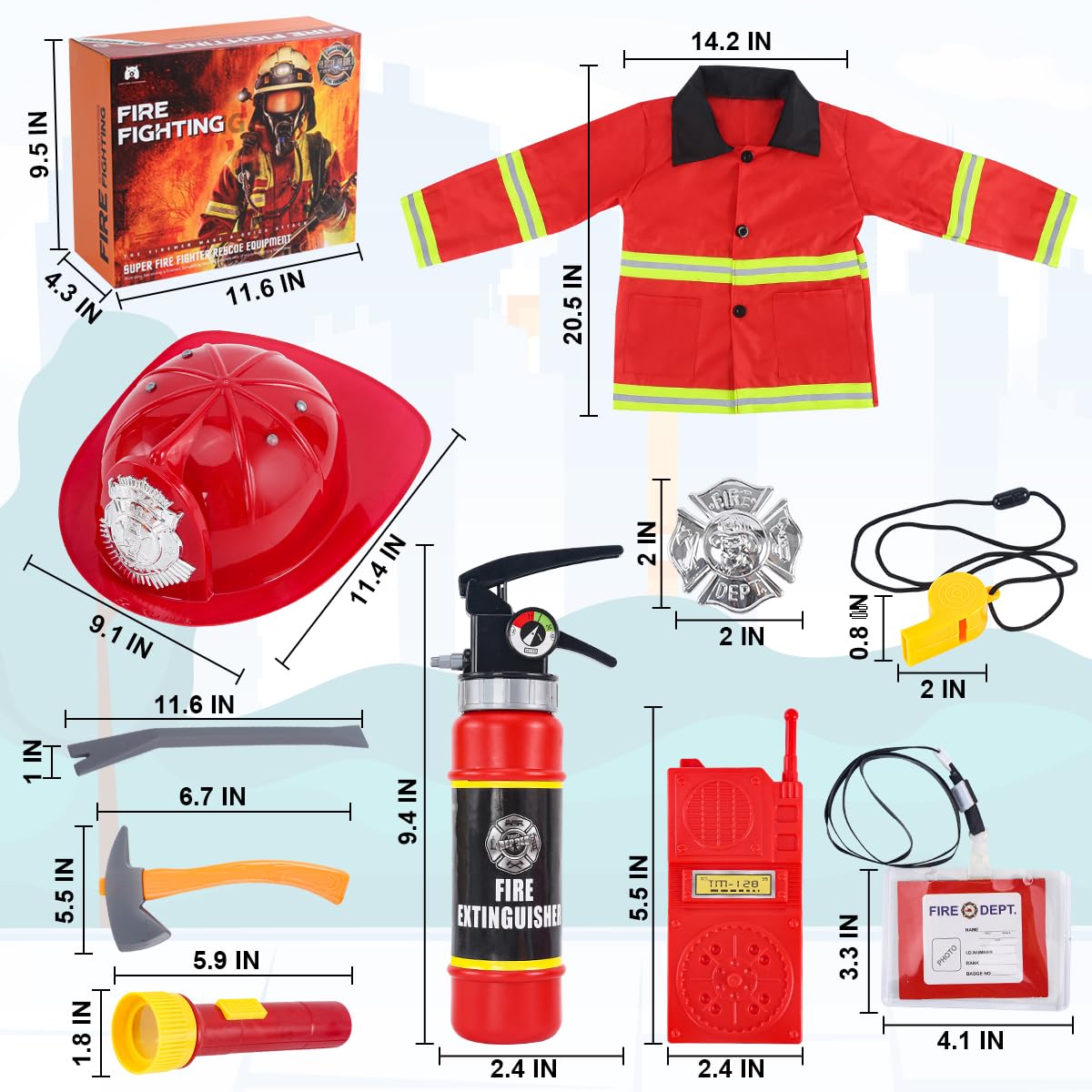 Fireman Costume For Kids, 10 Pcs Firefighter Costume With Toy Accessories Set, Fireman Role Play Outfit Toys, Kids Firefighter Dress Up Clothes, Halloween For Boys Toddlers Ages 3 4 5 6 7