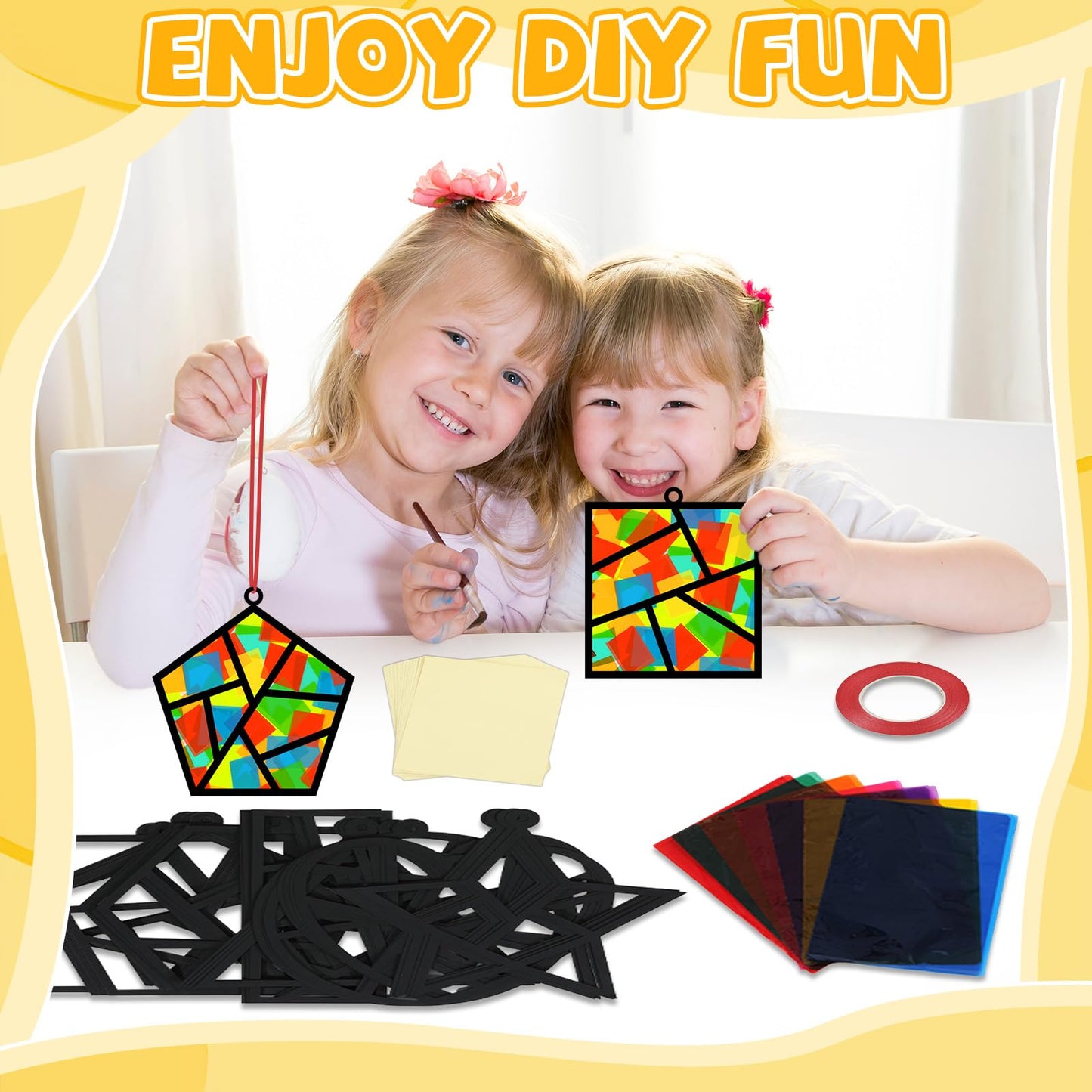 QOUBAI 32 Sets Back to School Geometric Recognition Suncatchers Craft DIY Window Stained Glass Effect Star Paper Crafts Home Sch